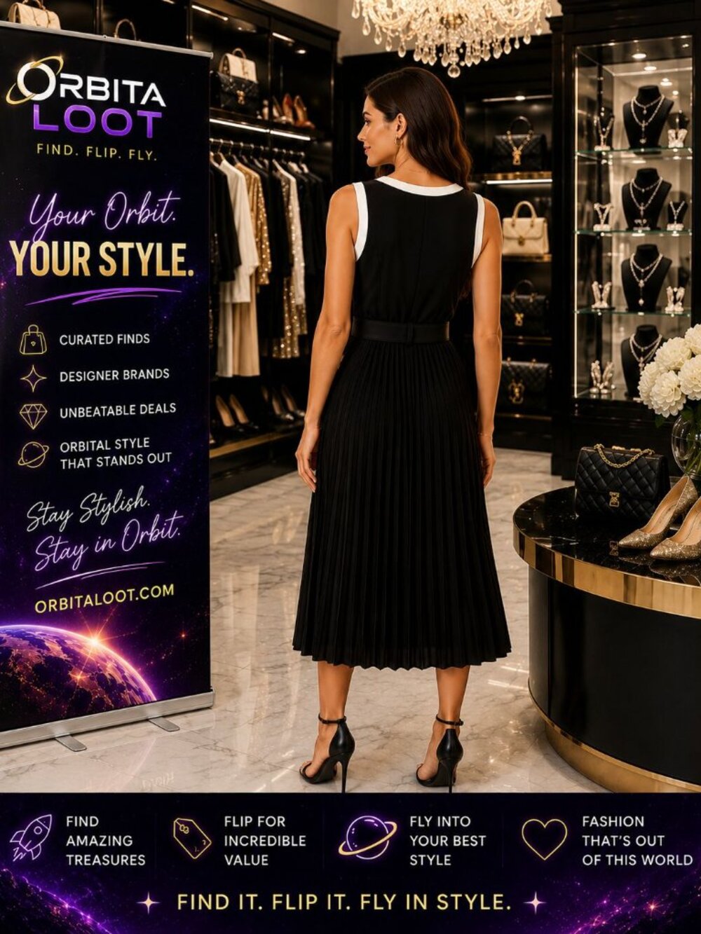 Karl Lagerfeld Paris Black Ivory Belted Pleated Colorblock Business Midi Dress - Picture 3 of 9